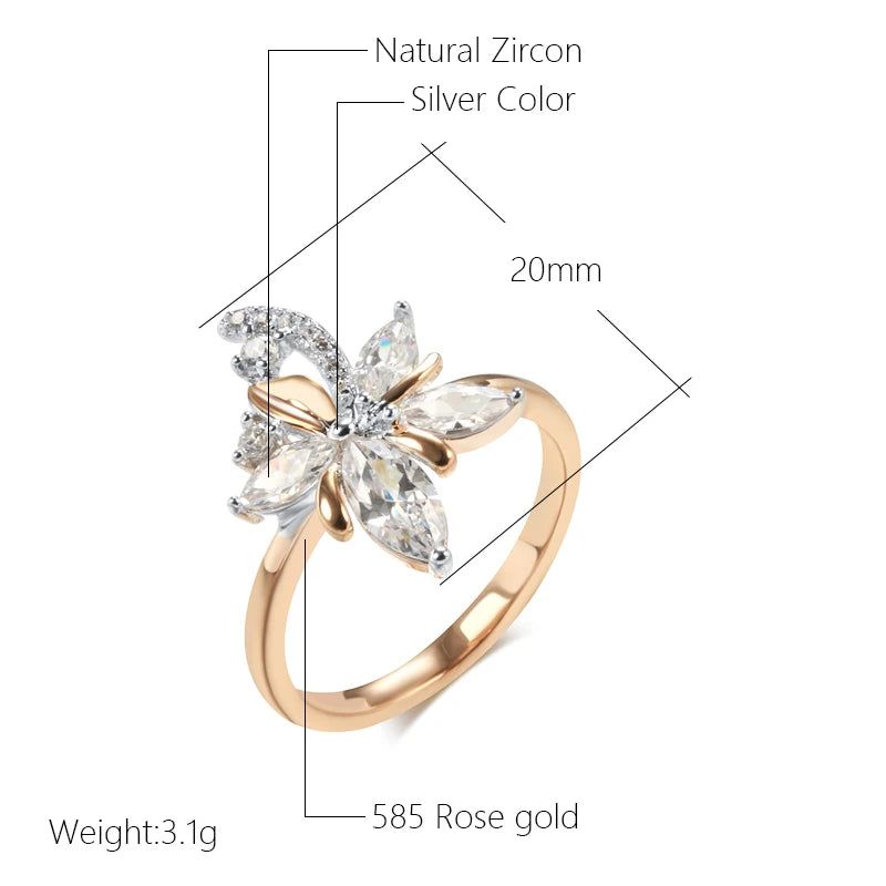 Stylish Geometric Floral Ring in 585 Rose Gold & Silver with Natural Zircon Crystals