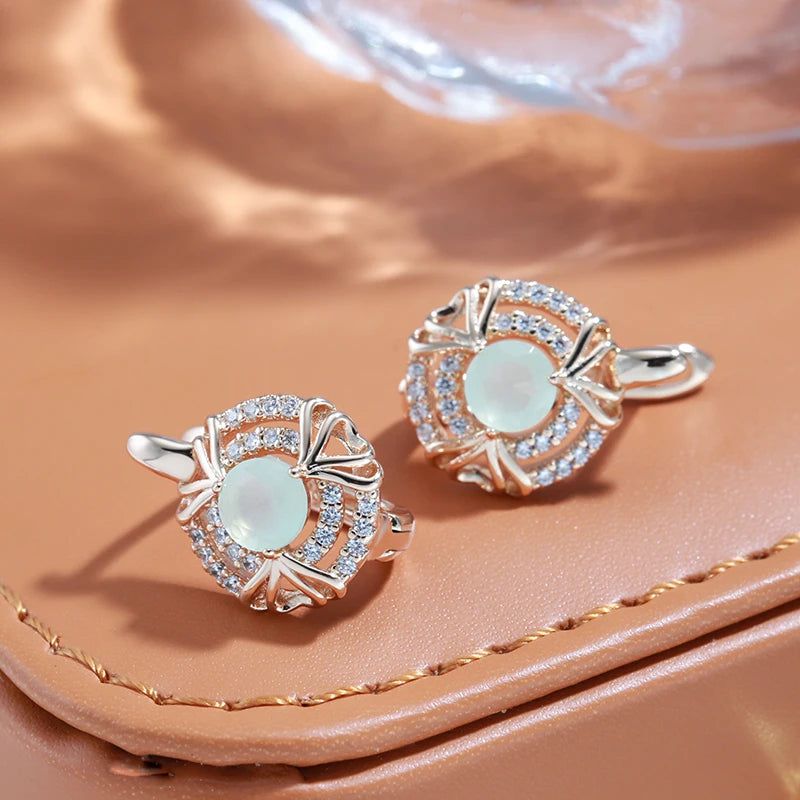 Stylish Geometric Green Zircon Drop Earrings in 585 Rose Gold