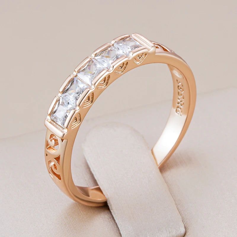 Stylish Geometric Hollow Flower Ring with Natural Zircon in 585 Rose Gold Finish