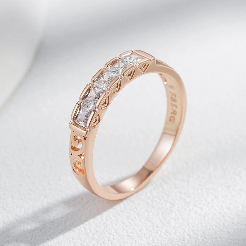 Stylish Geometric Hollow Flower Ring with Natural Zircon in 585 Rose Gold Finish