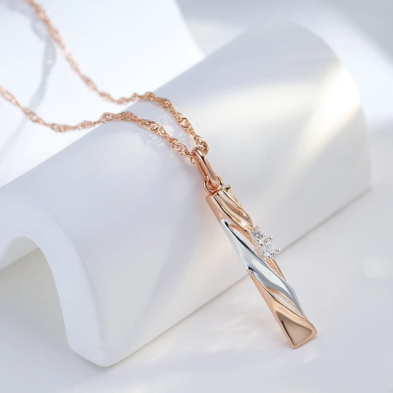 Stylish Geometric Hollow Zircon Pendant Necklace in 585 Rose Gold and Silver Plating