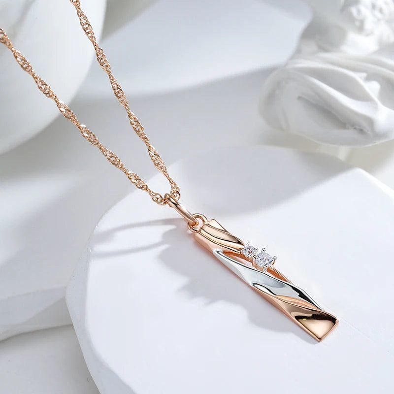 Stylish Geometric Hollow Zircon Pendant Necklace in 585 Rose Gold and Silver Plating