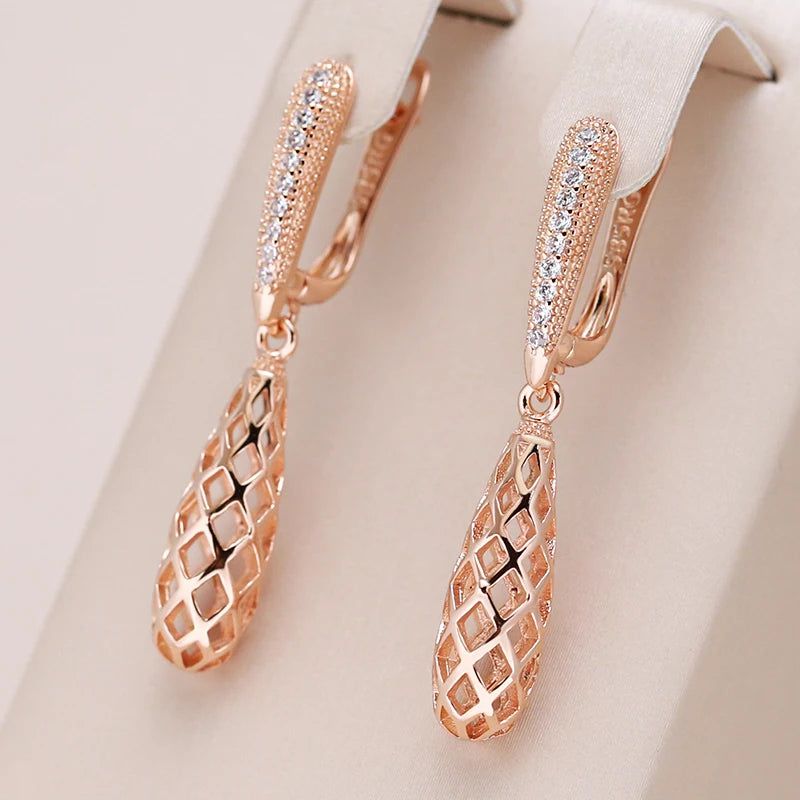 Stylish Geometric Long Dangle Earrings in 585 Rose Gold with Natural Zircon