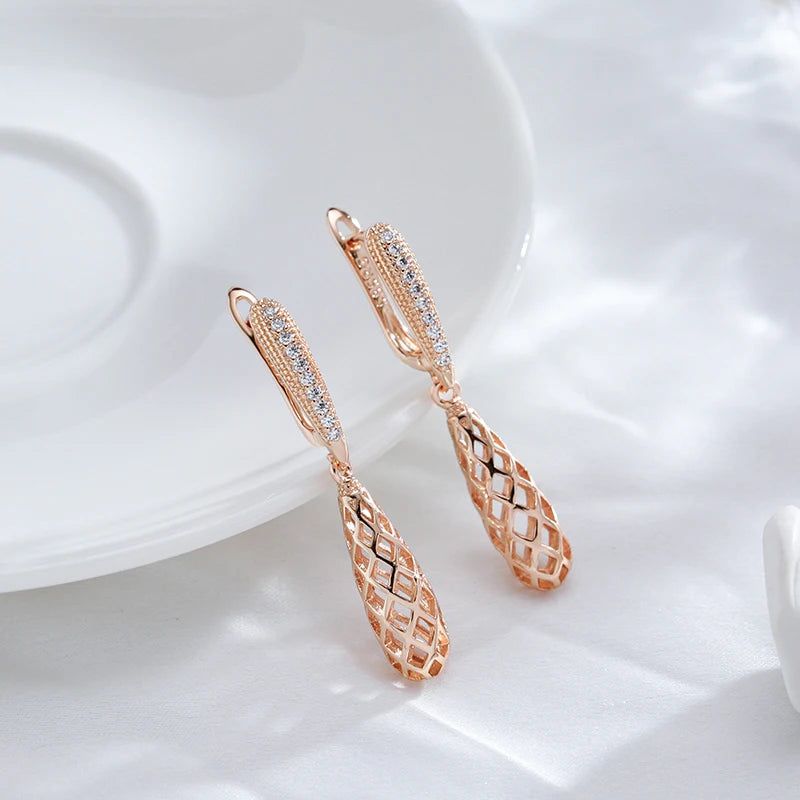 Stylish Geometric Long Dangle Earrings in 585 Rose Gold with Natural Zircon