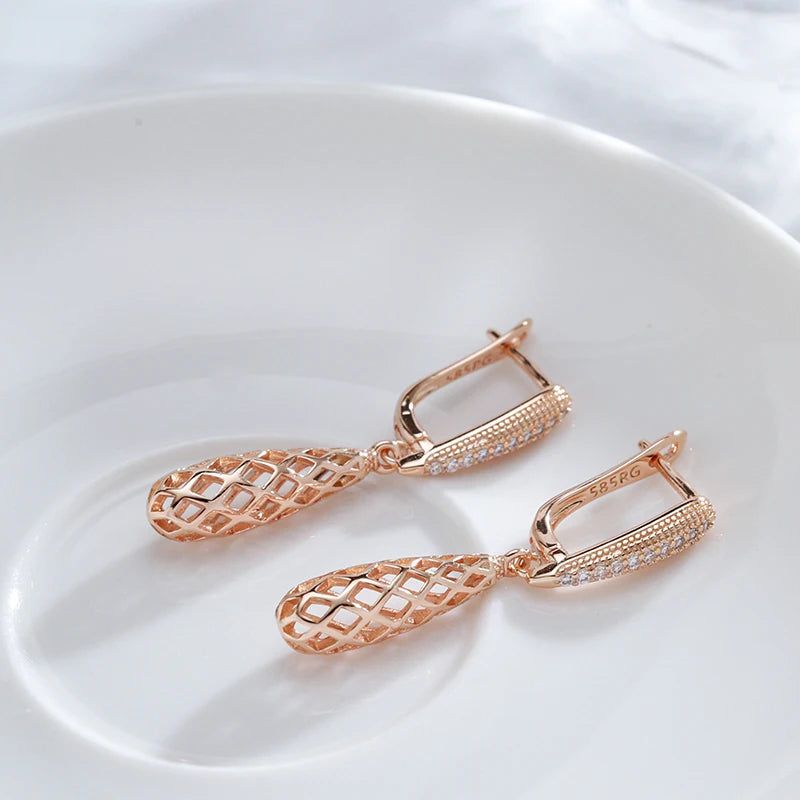 Stylish Geometric Long Dangle Earrings in 585 Rose Gold with Natural Zircon