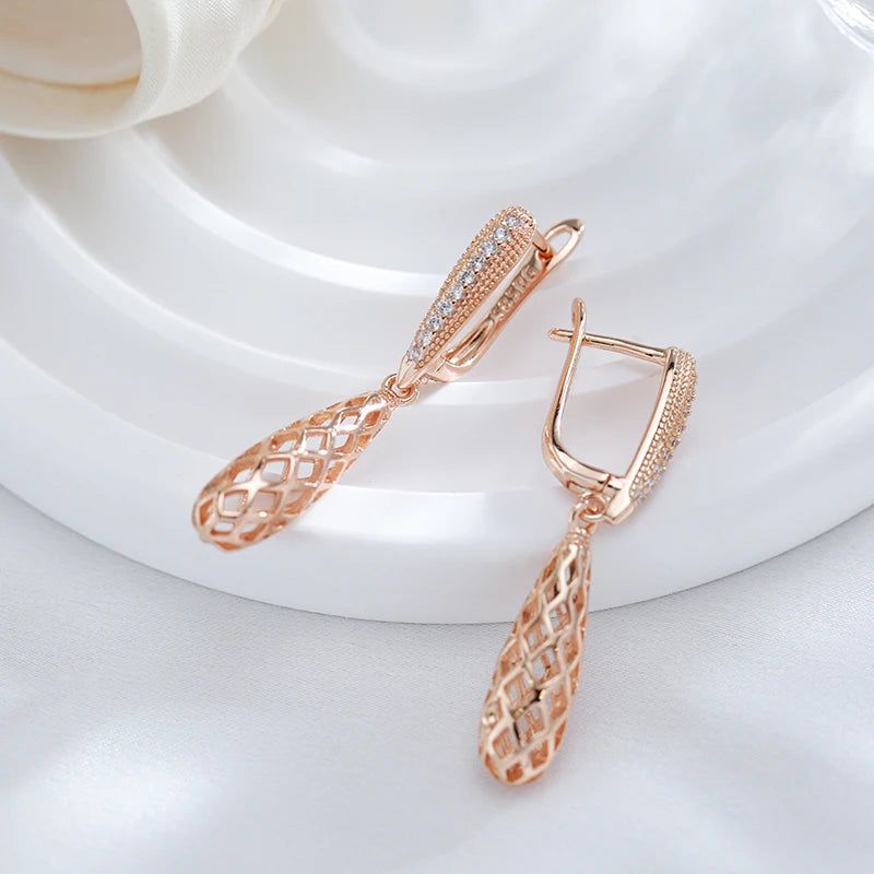 Stylish Geometric Long Dangle Earrings in 585 Rose Gold with Natural Zircon