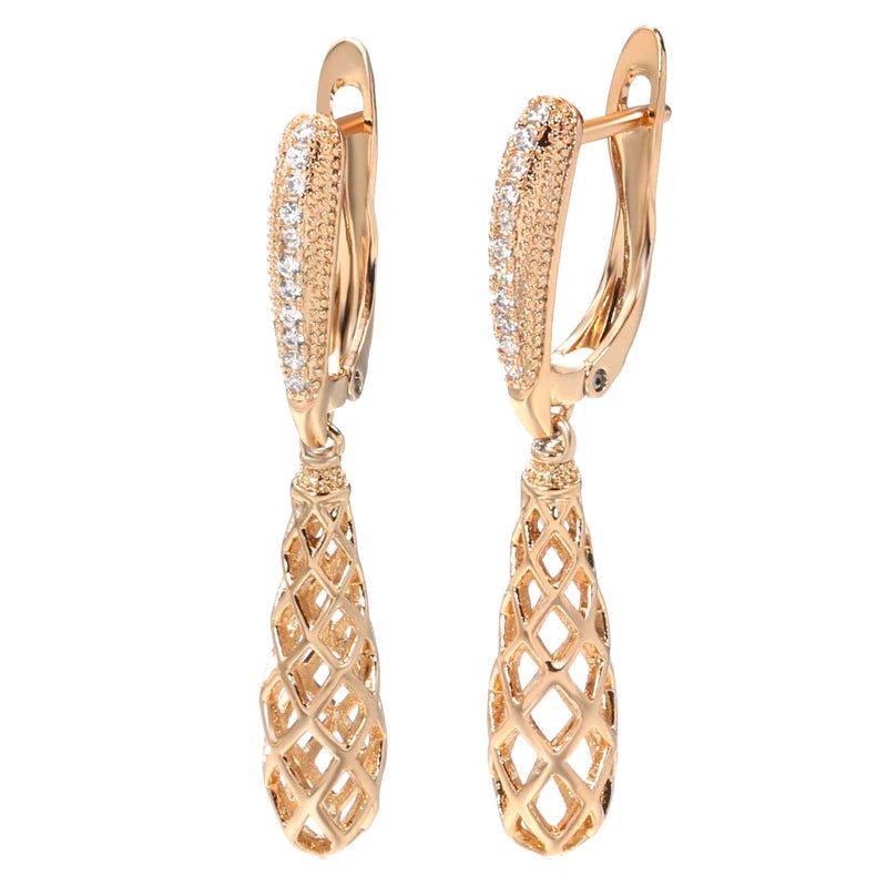 Stylish Geometric Long Dangle Earrings in 585 Rose Gold with Natural Zircon