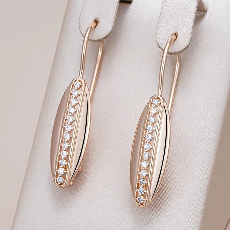 Stylish Geometric Long Drop Earrings in Rose Gold with Natural Zircon