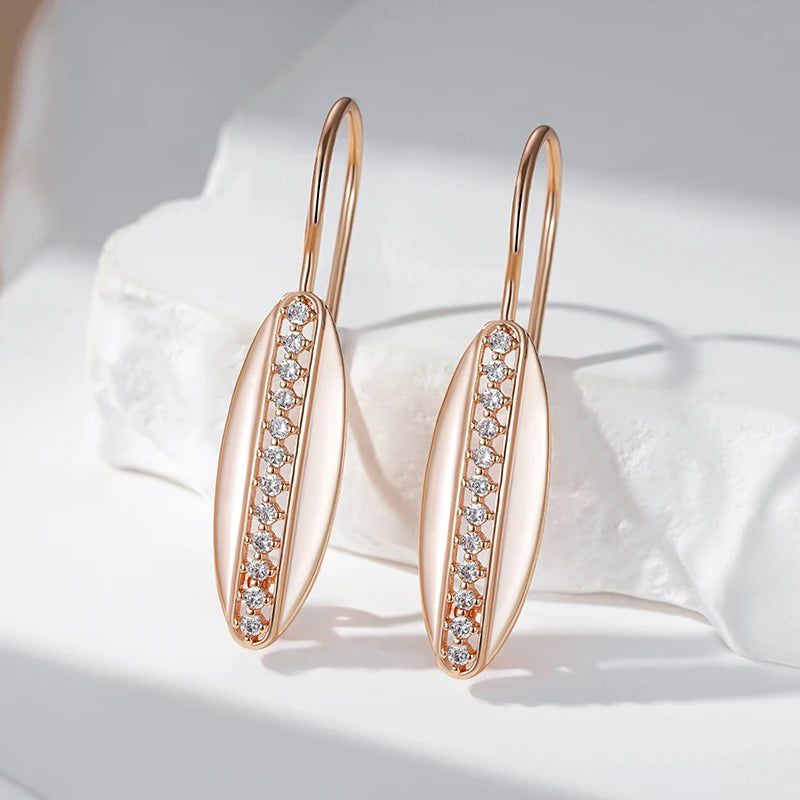 Stylish Geometric Long Drop Earrings in Rose Gold with Natural Zircon