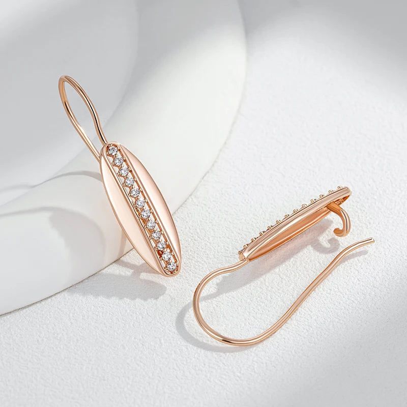 Stylish Geometric Long Drop Earrings in Rose Gold with Natural Zircon