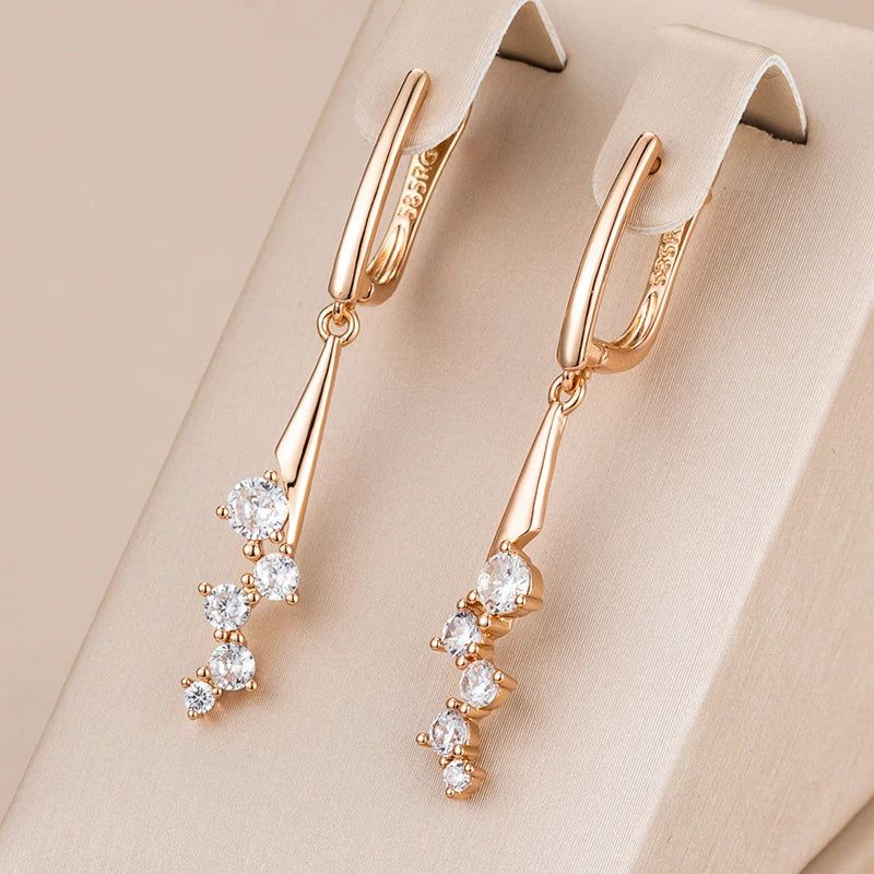 Stylish Geometric Long Drop Earrings with Natural Zircon in 585 Rose Gold Plating