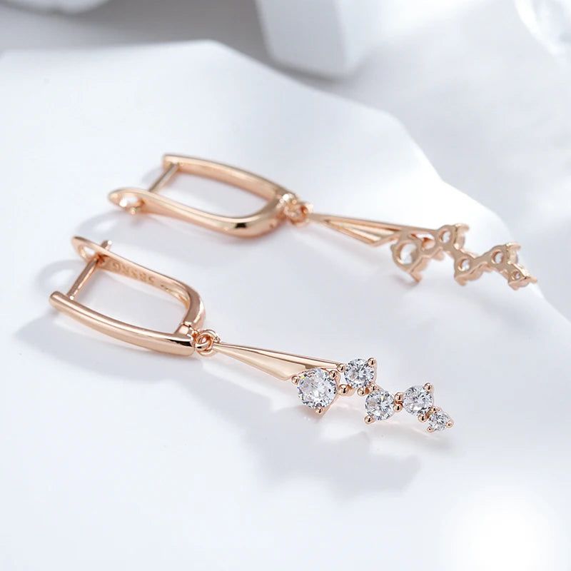 Stylish Geometric Long Drop Earrings with Natural Zircon in 585 Rose Gold Plating