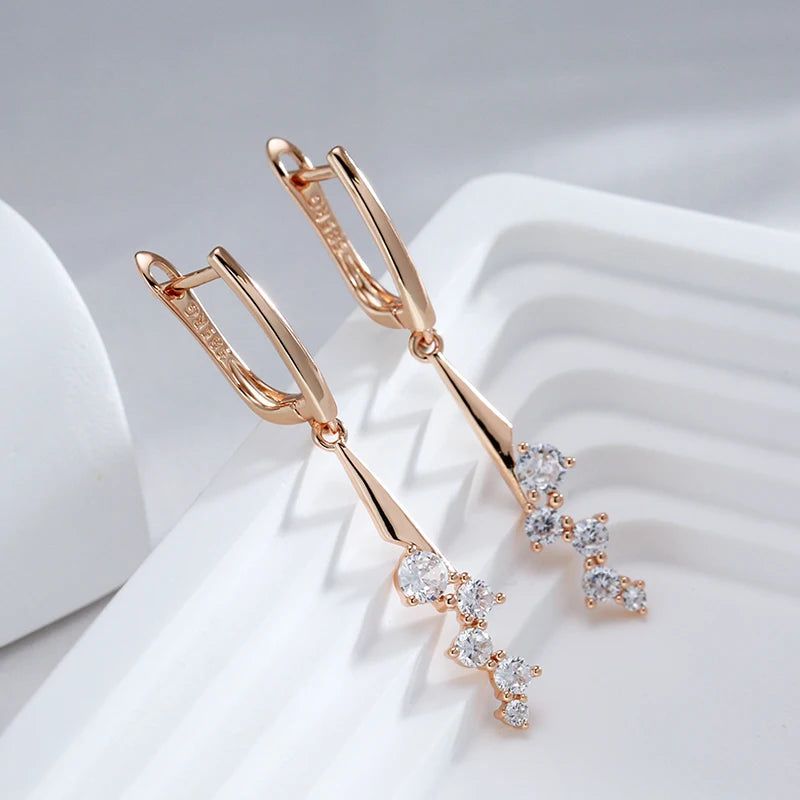 Stylish Geometric Long Drop Earrings with Natural Zircon in 585 Rose Gold Plating