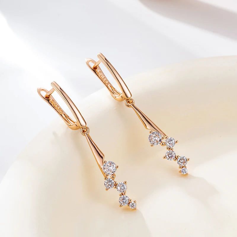 Stylish Geometric Long Drop Earrings with Natural Zircon in 585 Rose Gold Plating