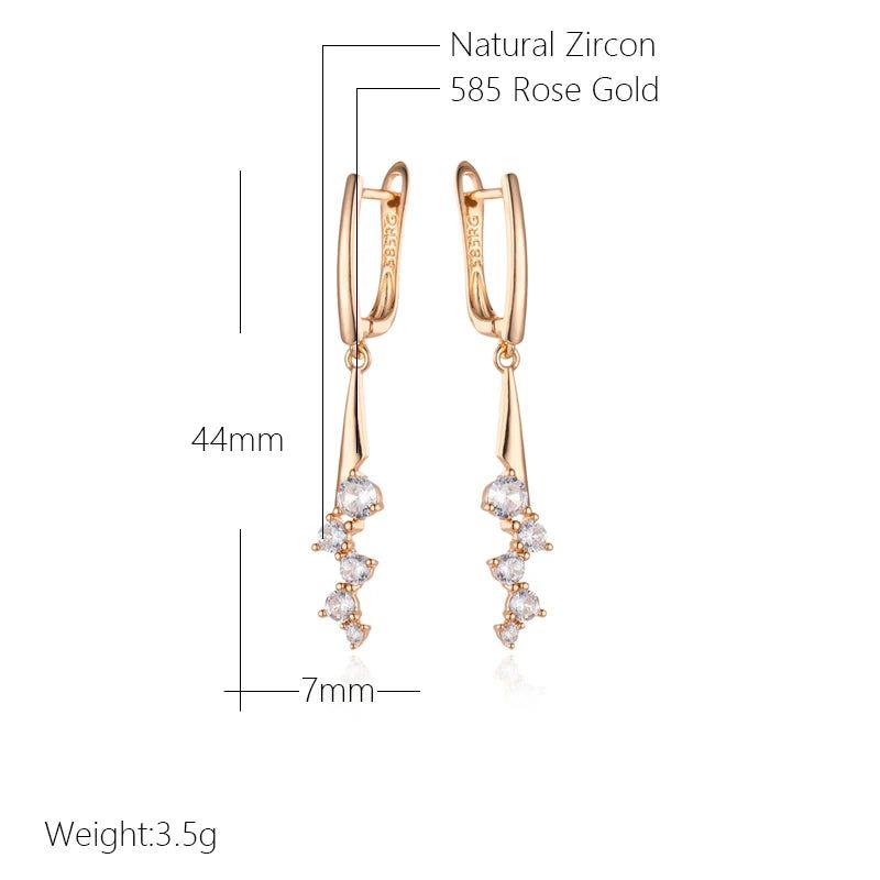 Stylish Geometric Long Drop Earrings with Natural Zircon in 585 Rose Gold Plating