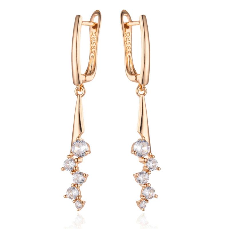 Stylish Geometric Long Drop Earrings with Natural Zircon in 585 Rose Gold Plating