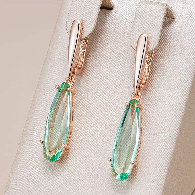 Stylish Geometric Long Drop Earrings with Unique Green Natural Zircon in Rose Gold Finish