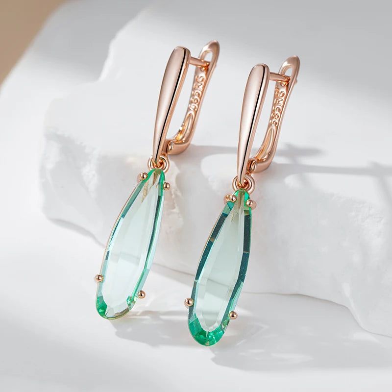 Stylish Geometric Long Drop Earrings with Unique Green Natural Zircon in Rose Gold Finish