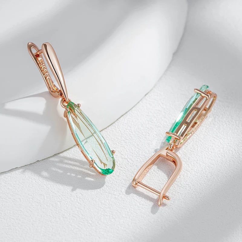 Stylish Geometric Long Drop Earrings with Unique Green Natural Zircon in Rose Gold Finish