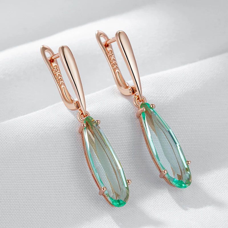 Stylish Geometric Long Drop Earrings with Unique Green Natural Zircon in Rose Gold Finish