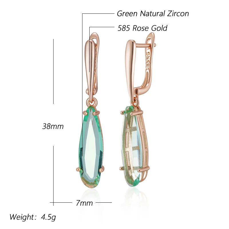 Stylish Geometric Long Drop Earrings with Unique Green Natural Zircon in Rose Gold Finish