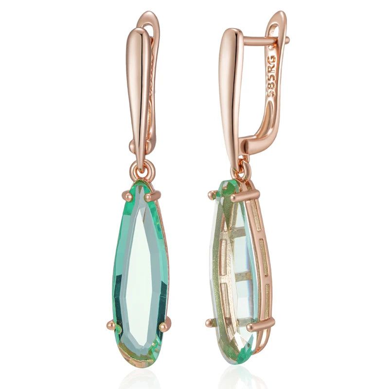 Stylish Geometric Long Drop Earrings with Unique Green Natural Zircon in Rose Gold Finish