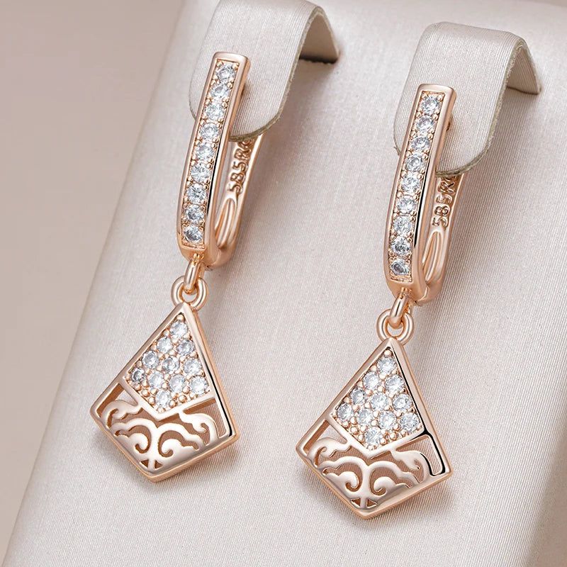 Stylish Geometric Long Earrings in 585 Rose Gold with Natural Zircon Accents