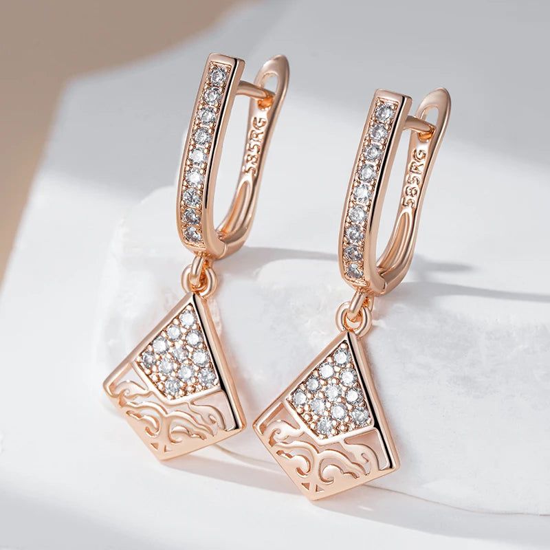 Stylish Geometric Long Earrings in 585 Rose Gold with Natural Zircon Accents