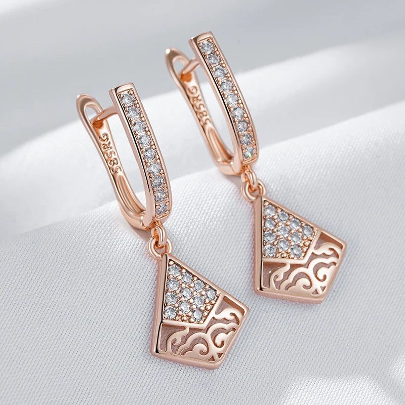 Stylish Geometric Long Earrings in 585 Rose Gold with Natural Zircon Accents