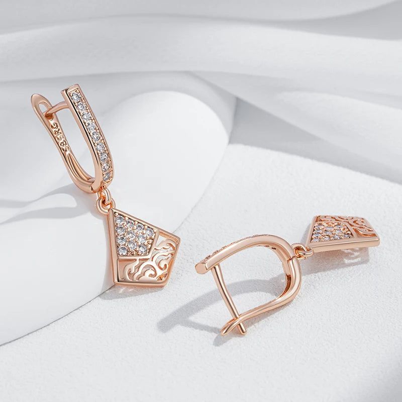 Stylish Geometric Long Earrings in 585 Rose Gold with Natural Zircon Accents