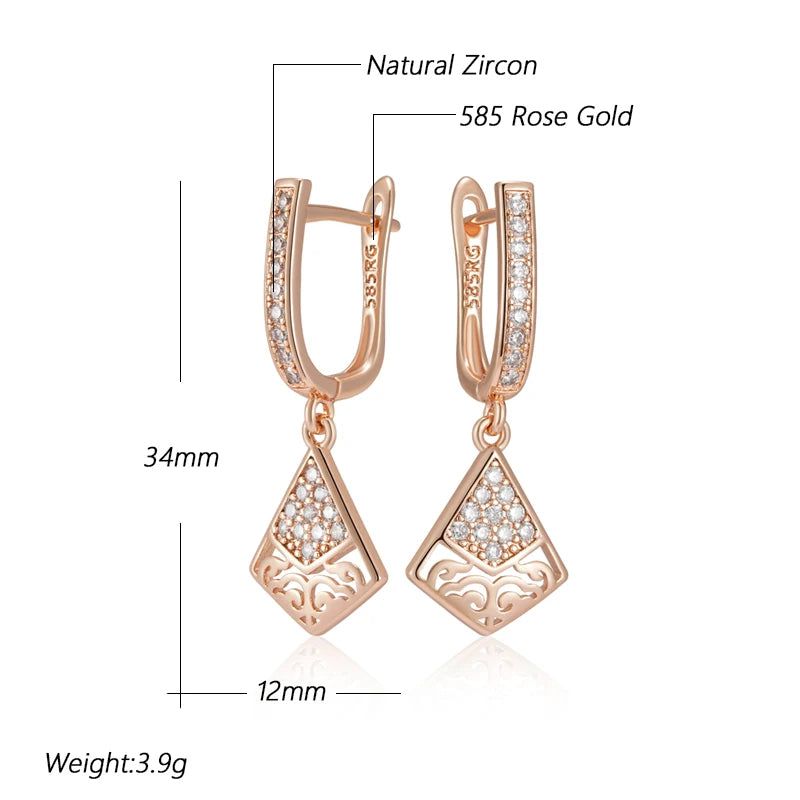 Stylish Geometric Long Earrings in 585 Rose Gold with Natural Zircon Accents