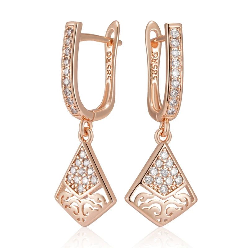 Stylish Geometric Long Earrings in 585 Rose Gold with Natural Zircon Accents