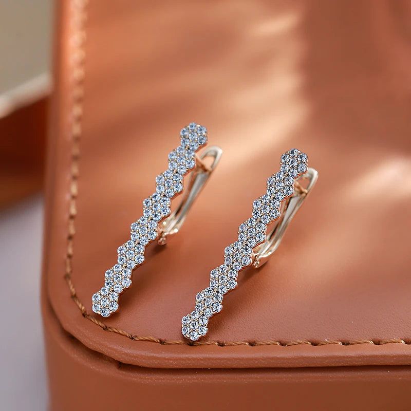 Stylish Geometric Long Zircon Drop Earrings in 585 Rose Gold - High-Quality Fashion Jewelry