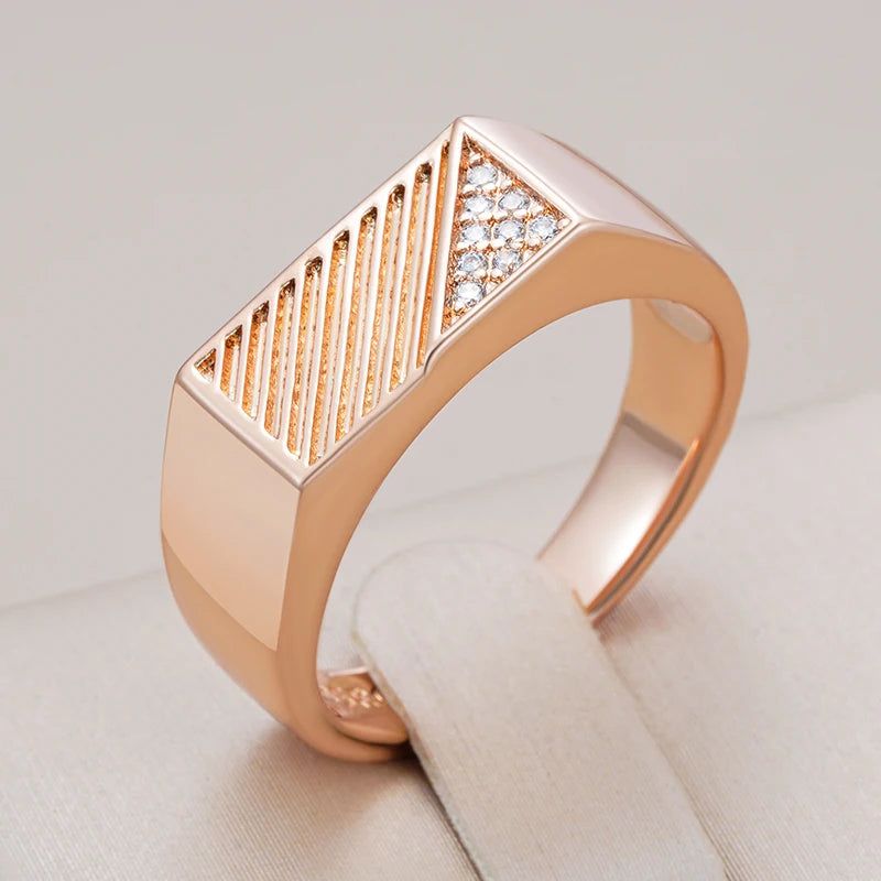 Stylish Geometric Men's Ring in 585 Rose Gold with Natural Zircon Accents