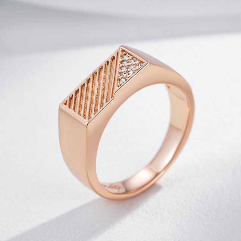 Stylish Geometric Men's Ring in 585 Rose Gold with Natural Zircon Accents