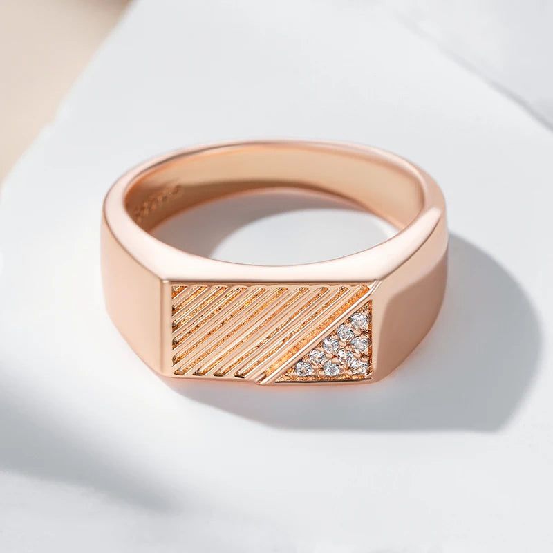 Stylish Geometric Men's Ring in 585 Rose Gold with Natural Zircon Accents