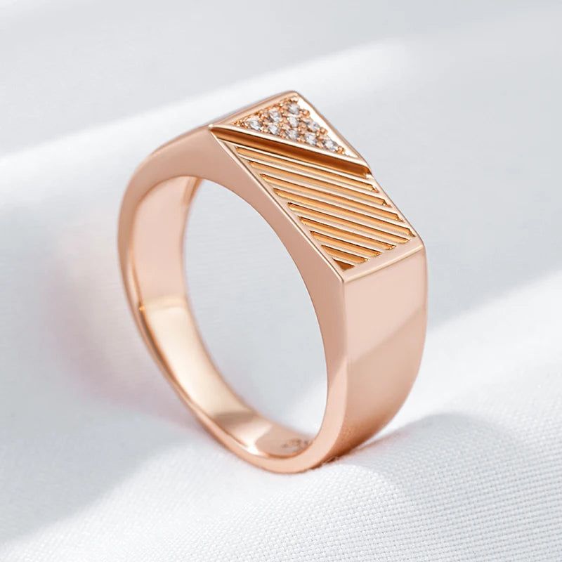 Stylish Geometric Men's Ring in 585 Rose Gold with Natural Zircon Accents