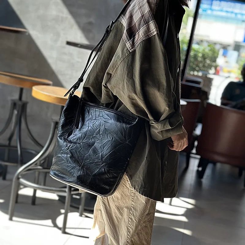 Stylish Pleated Genuine Leather Bucket Bag - Versatile Women's Shoulder and Crossbody Bag