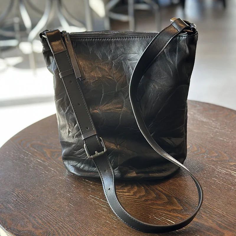 Stylish Pleated Genuine Leather Bucket Bag - Versatile Women's Shoulder and Crossbody Bag