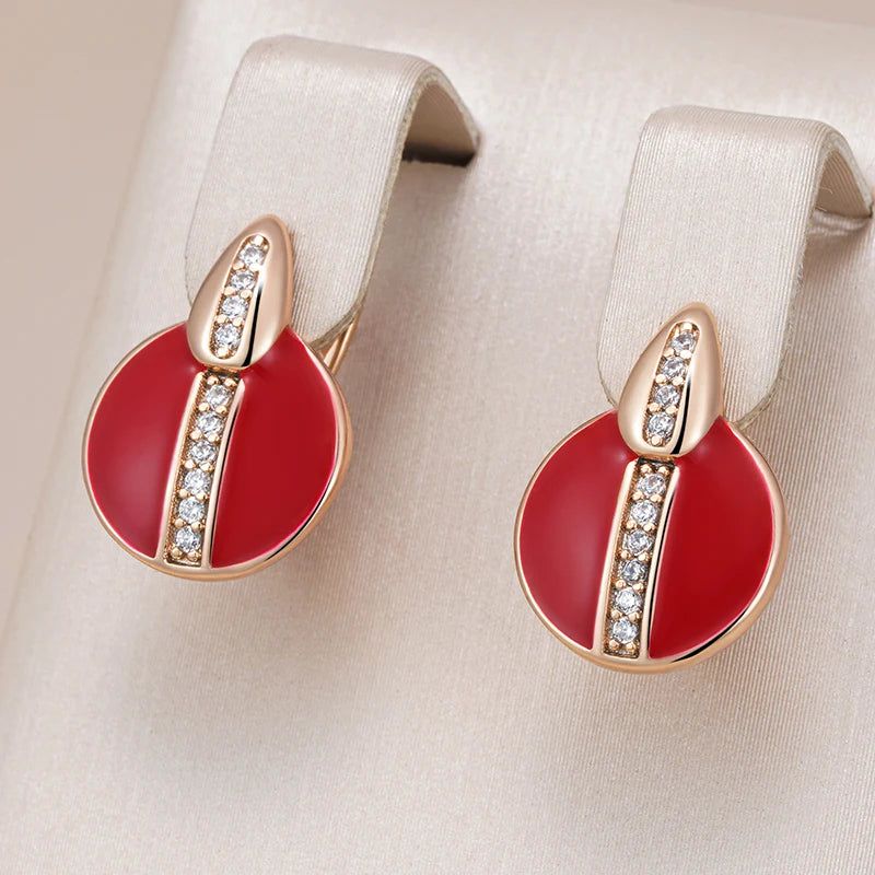 Stylish Red Enamel and Zircon Drop Earrings in 585 Rose Gold Plating