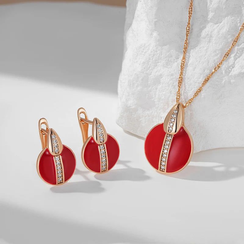 Stylish Red Enamel and Zircon Drop Earrings in 585 Rose Gold Plating