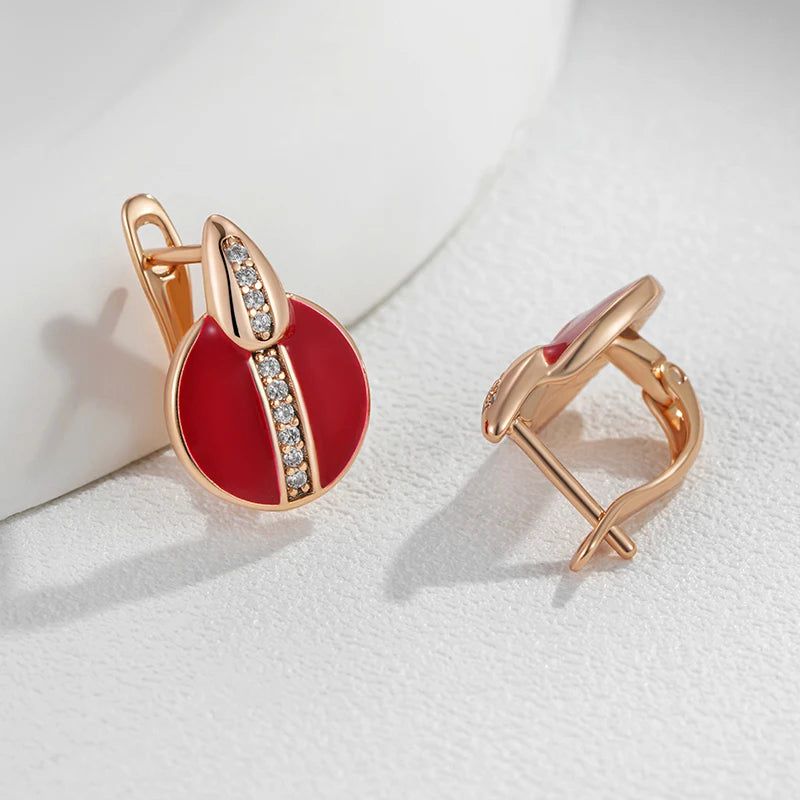 Stylish Red Enamel and Zircon Drop Earrings in 585 Rose Gold Plating