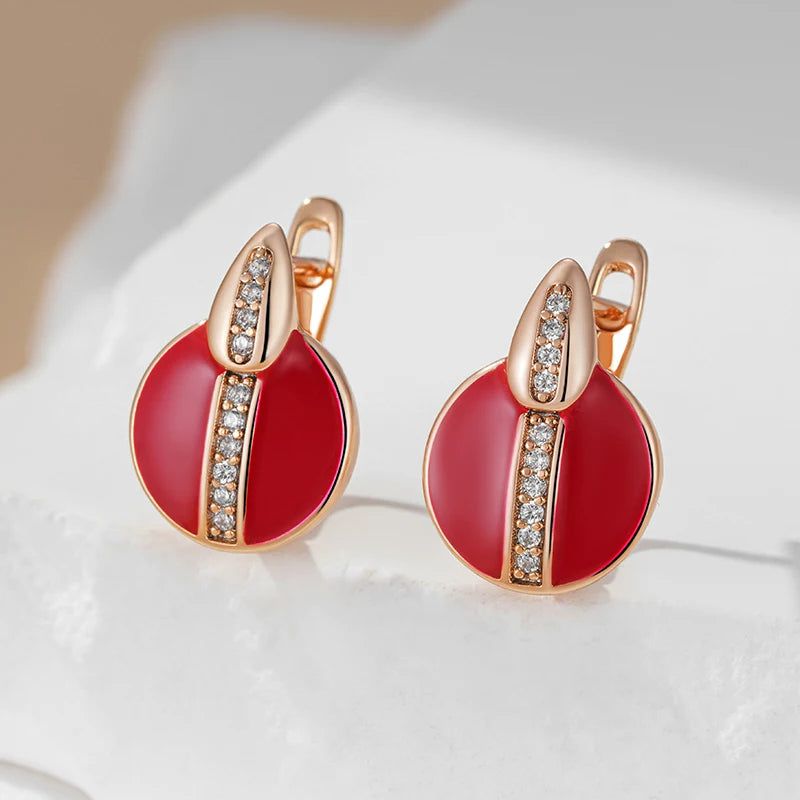 Stylish Red Enamel and Zircon Drop Earrings in 585 Rose Gold Plating