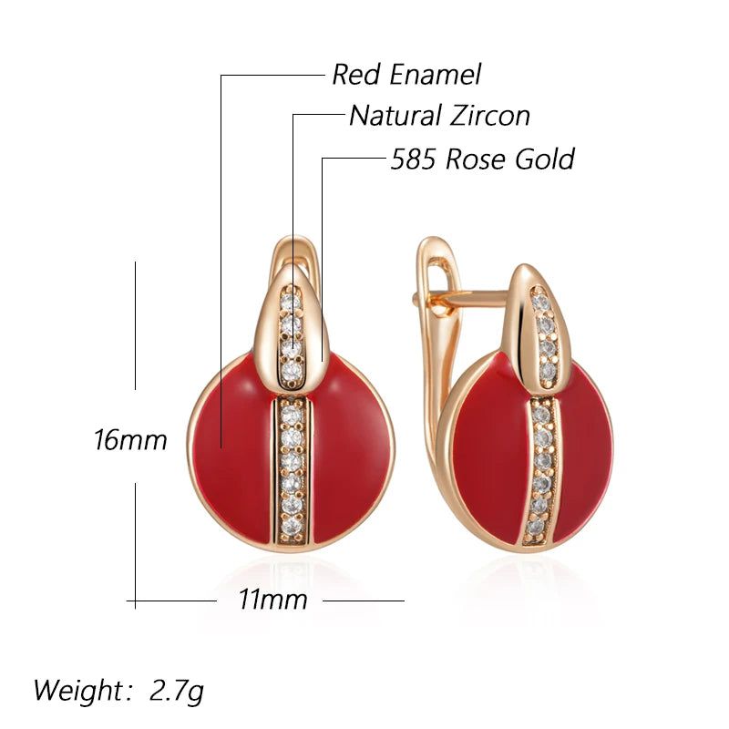 Stylish Red Enamel and Zircon Drop Earrings in 585 Rose Gold Plating