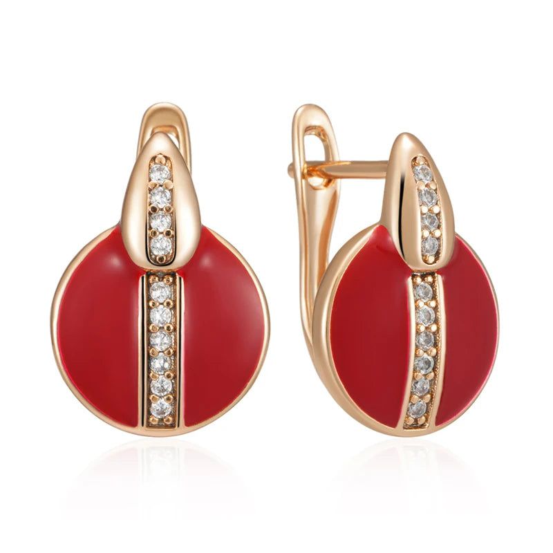 Stylish Red Enamel and Zircon Drop Earrings in 585 Rose Gold Plating