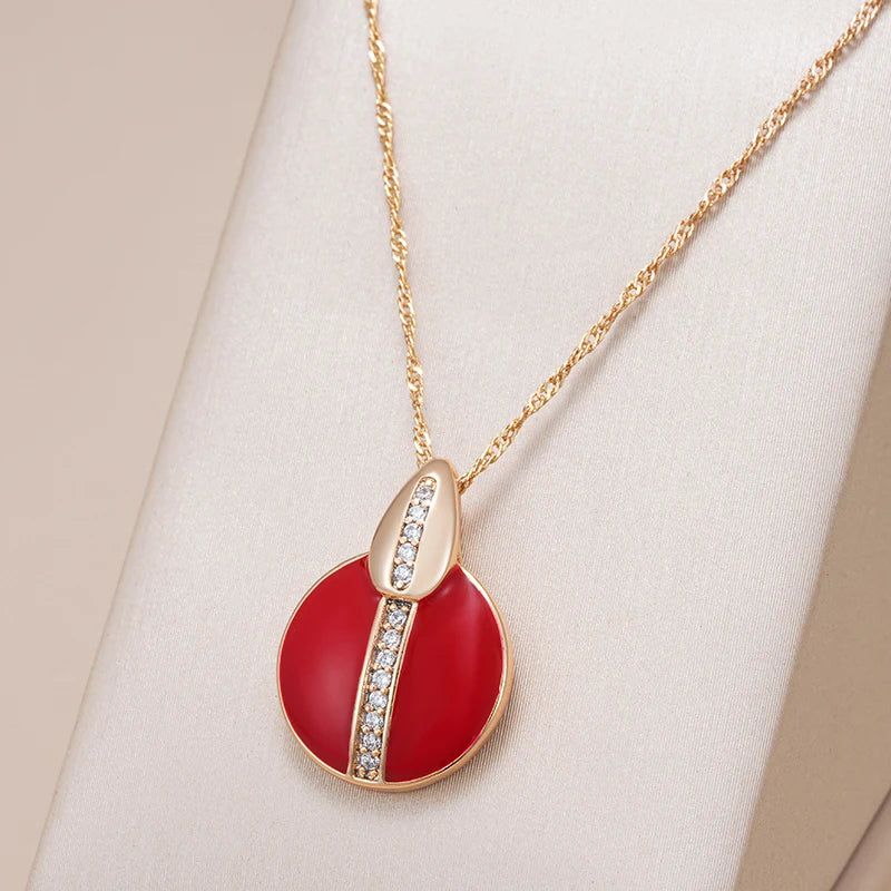 Stylish Red Enamel and Zircon Geometric Pendant Necklace in 585 Rose Gold