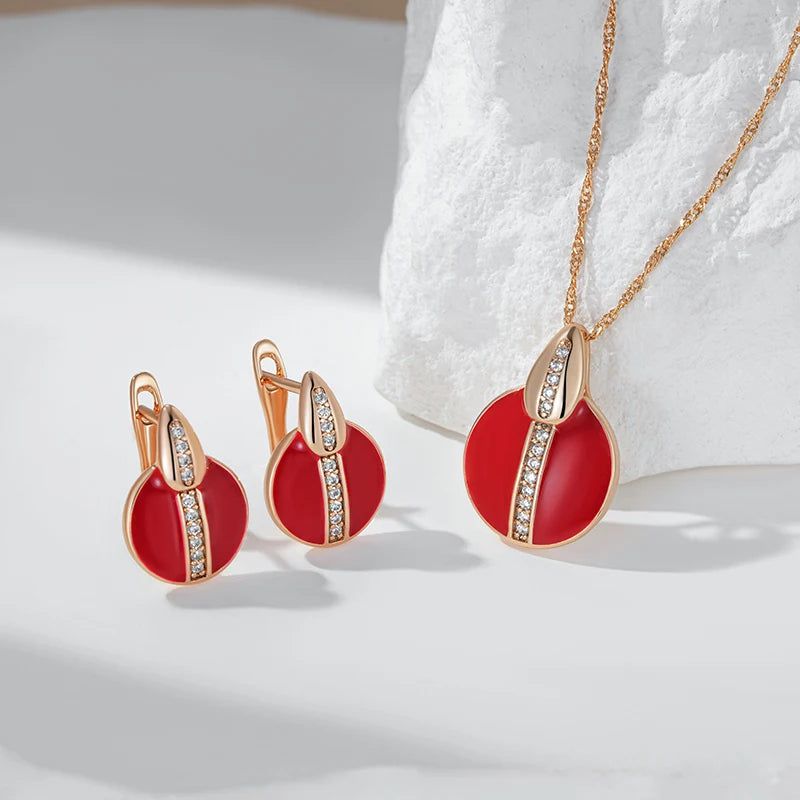 Stylish Red Enamel and Zircon Geometric Pendant Necklace in 585 Rose Gold