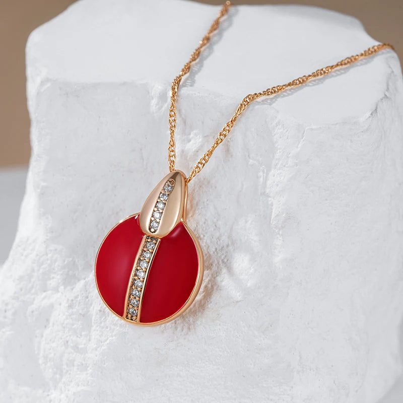 Stylish Red Enamel and Zircon Geometric Pendant Necklace in 585 Rose Gold