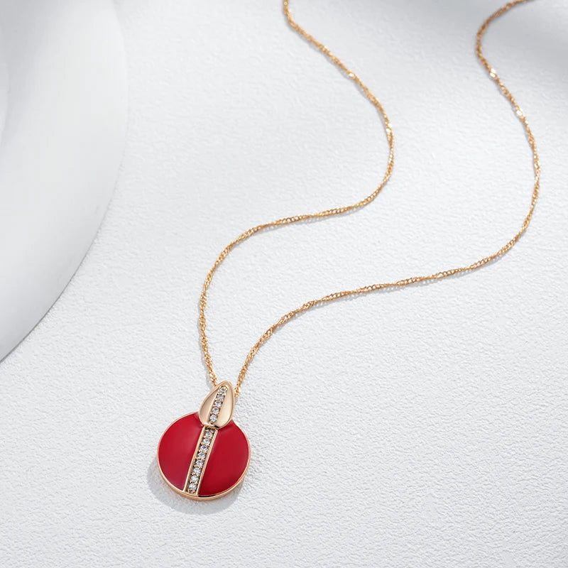 Stylish Red Enamel and Zircon Geometric Pendant Necklace in 585 Rose Gold