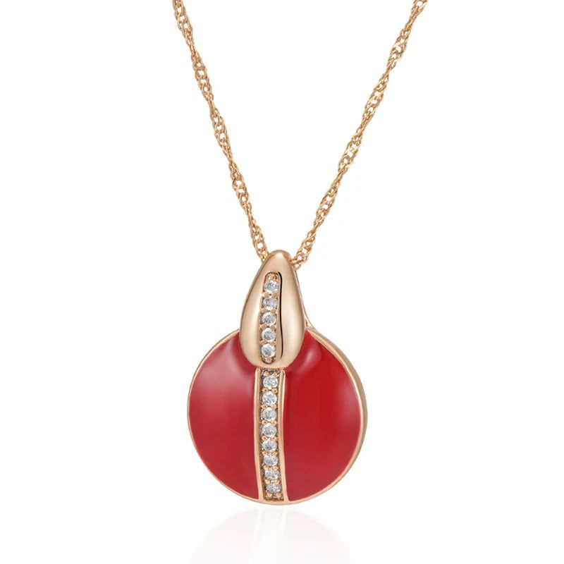 Stylish Red Enamel and Zircon Geometric Pendant Necklace in 585 Rose Gold